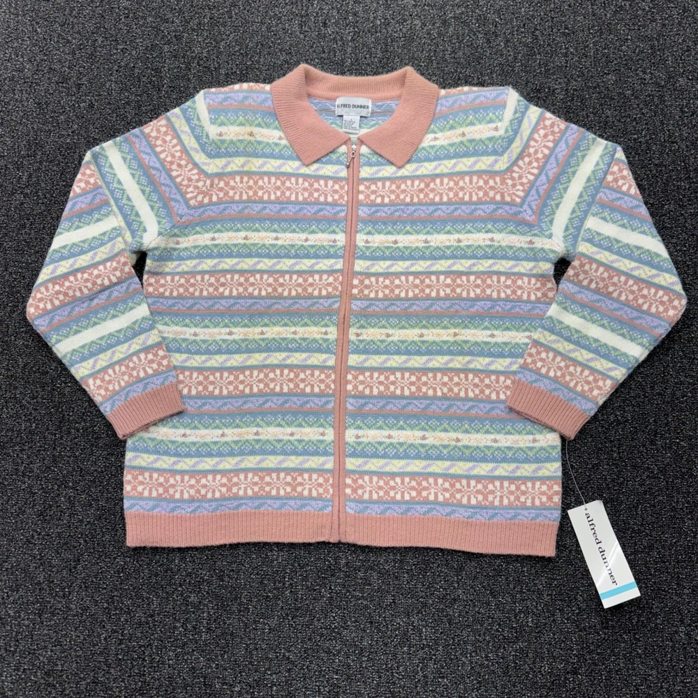 Alfred Dunner Zip Front Fair Isle Sweater Women Large Multi Color NWT